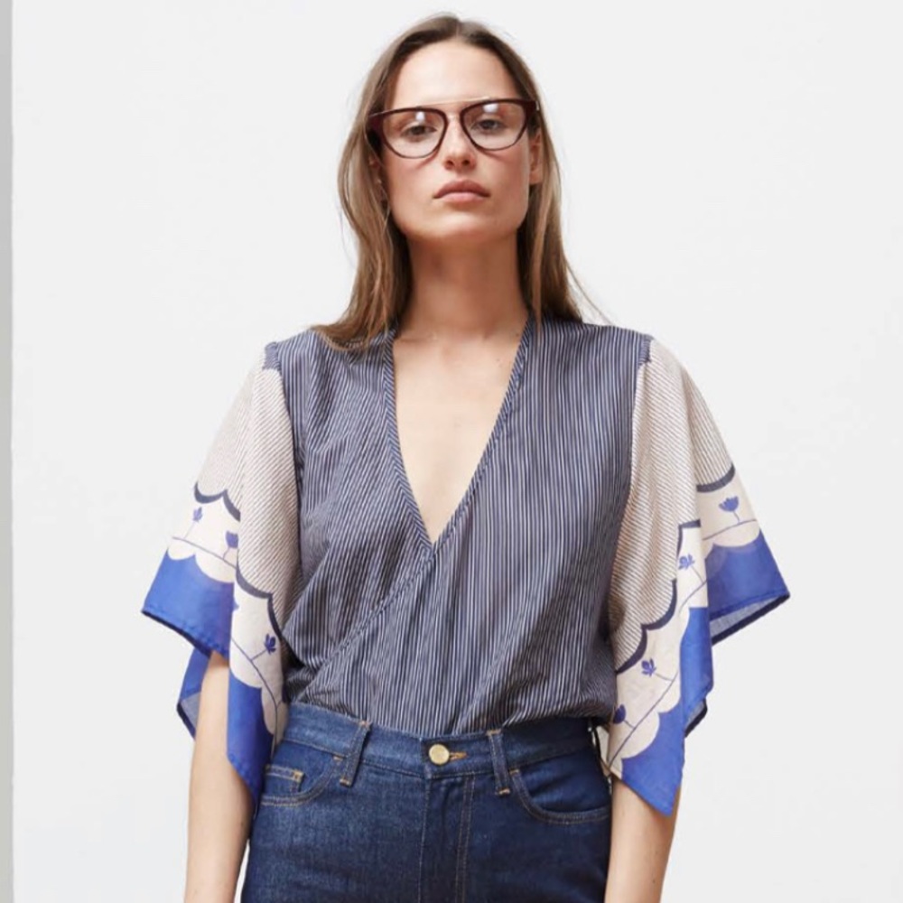 Rodebjer Malena Wrap Kimono Blouse in Border Blue